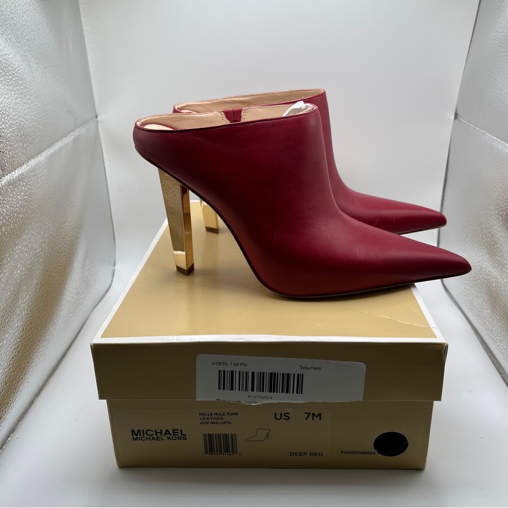 NWB MICHAEL KORS Halle Leather Mule Pump size 7M red gold heel - Picture 2 of 11
